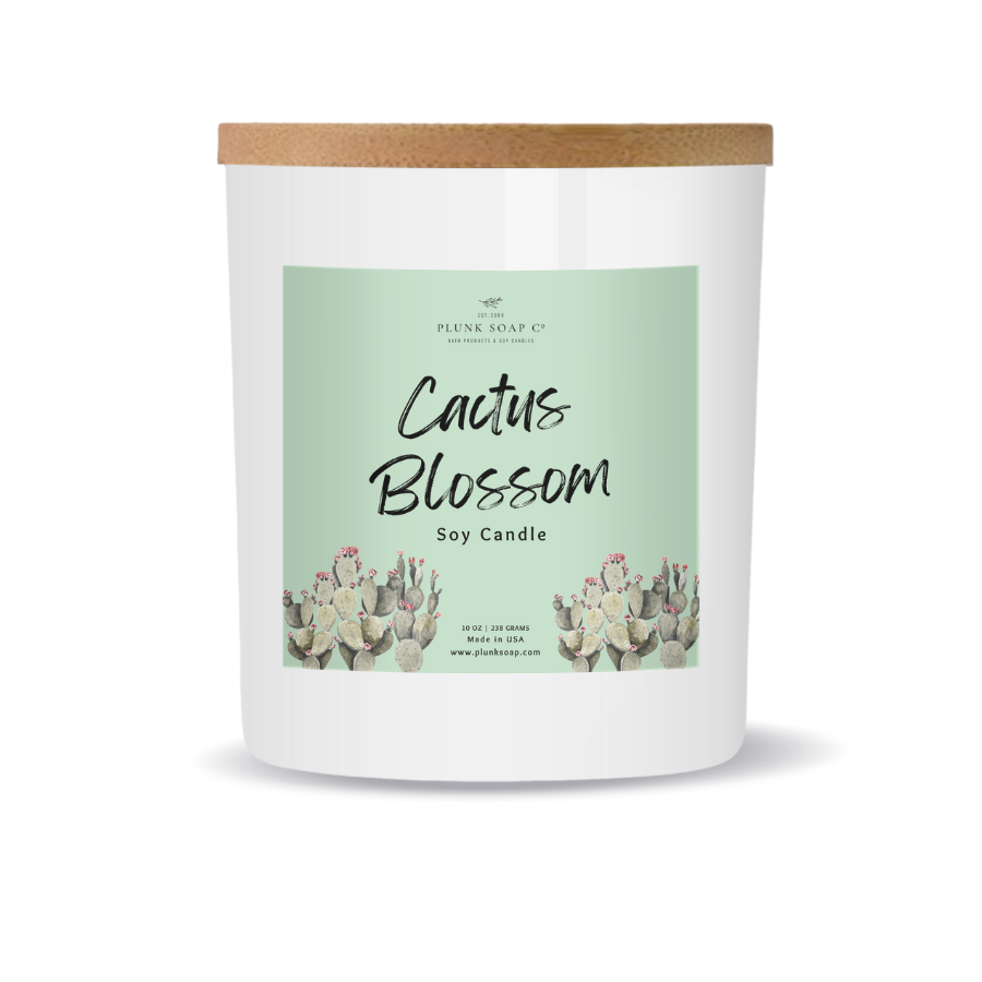 Cactus Blossom Scented Soy Candle 10 oz White Jar with Bamboo Lid