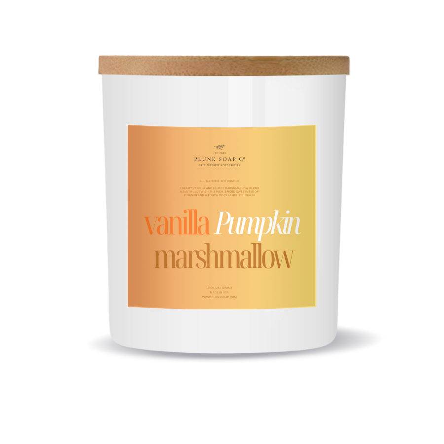 Vanilla Pumpkin Marshmallow Soy Candle | Cozy Fall Home Fragrance 10 oz White Jar with Bamboo Lid