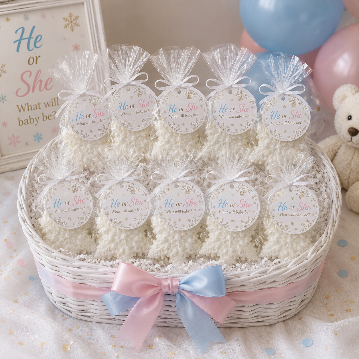 Snowflake Soap Party Favors –"He or She What Will Baby Be" Gender Reveal Winter Novelty Gift | Set of 10