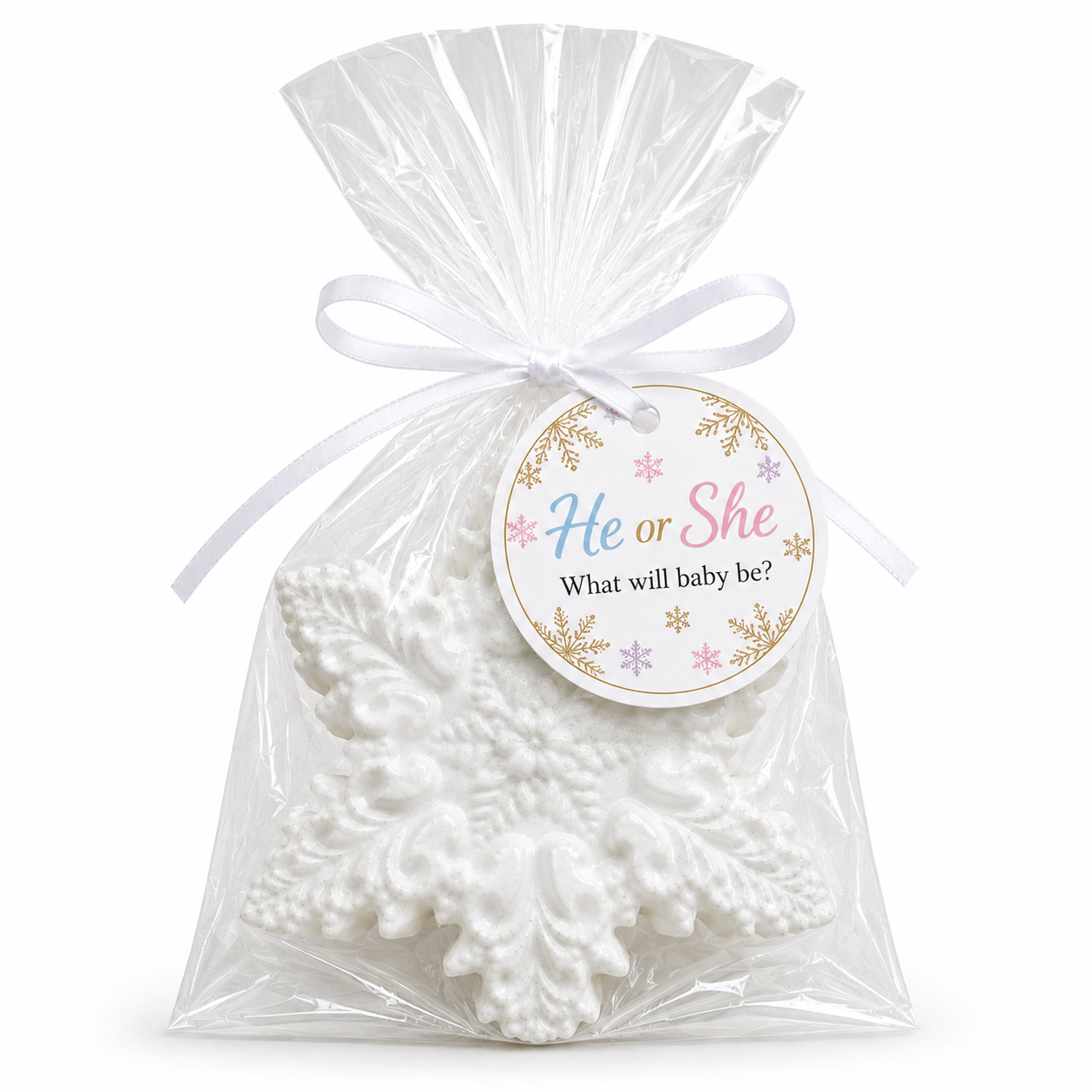 Snowflake Soap Party Favors –"He or She What Will Baby Be" Gender Reveal Winter Novelty Gift | Set of 10