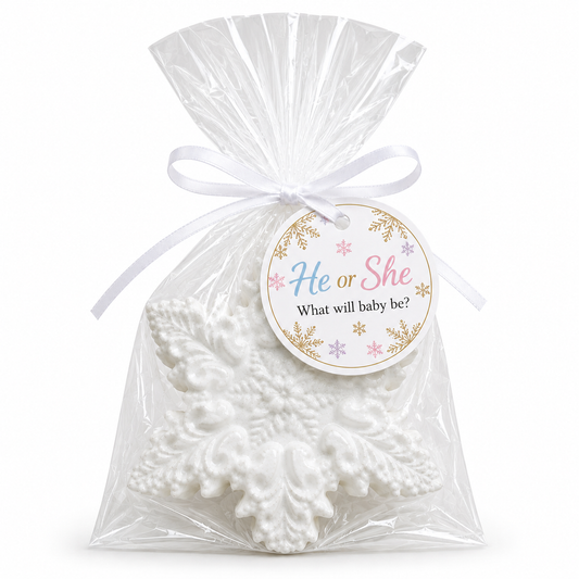 Snowflake Soap Party Favors –"He or She What Will Baby Be" Gender Reveal Winter Novelty Gift | Set of 10