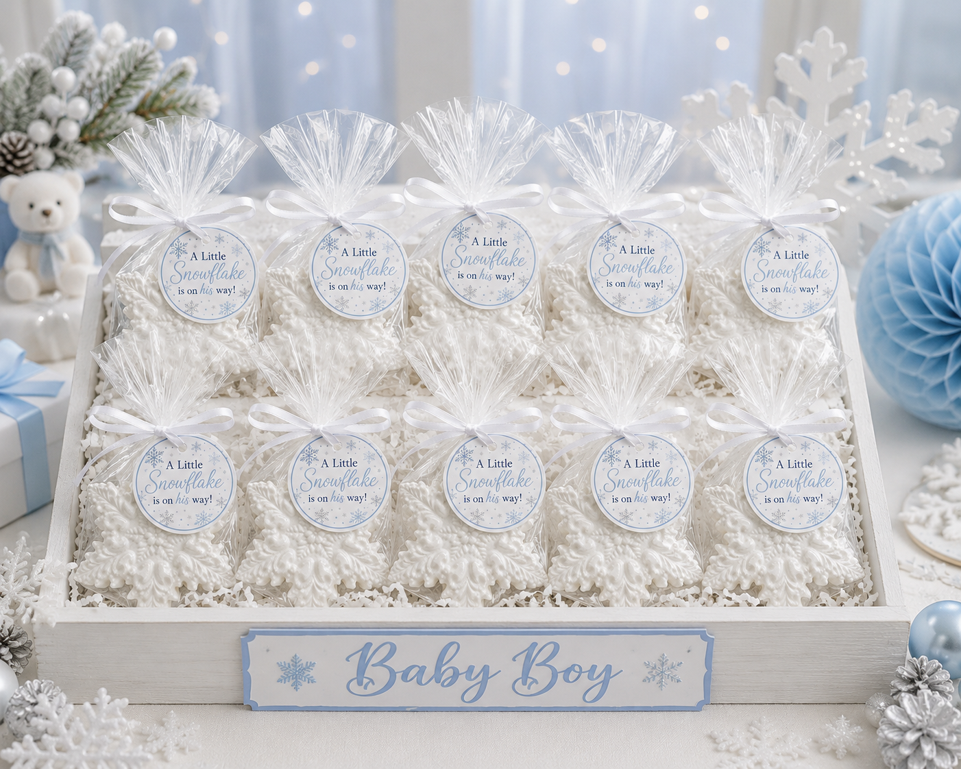 10 Snowflake soaps with cardstock tag that says A little Snowflake is on his way!