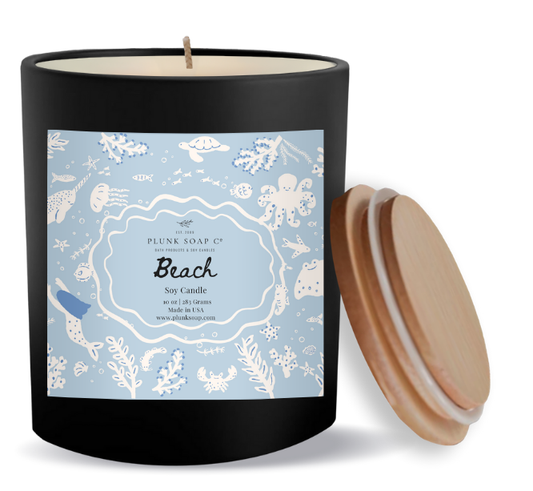 Beach Scented Soy Candle | Fresh & Coastal  Scent |l Home Fragrance | 10 oz Black Jar with Bamboo Lid