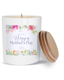 White 10 oz scented soy candle with wood lid from Plunk Soap Company, designed for Mother's Day celebrations.