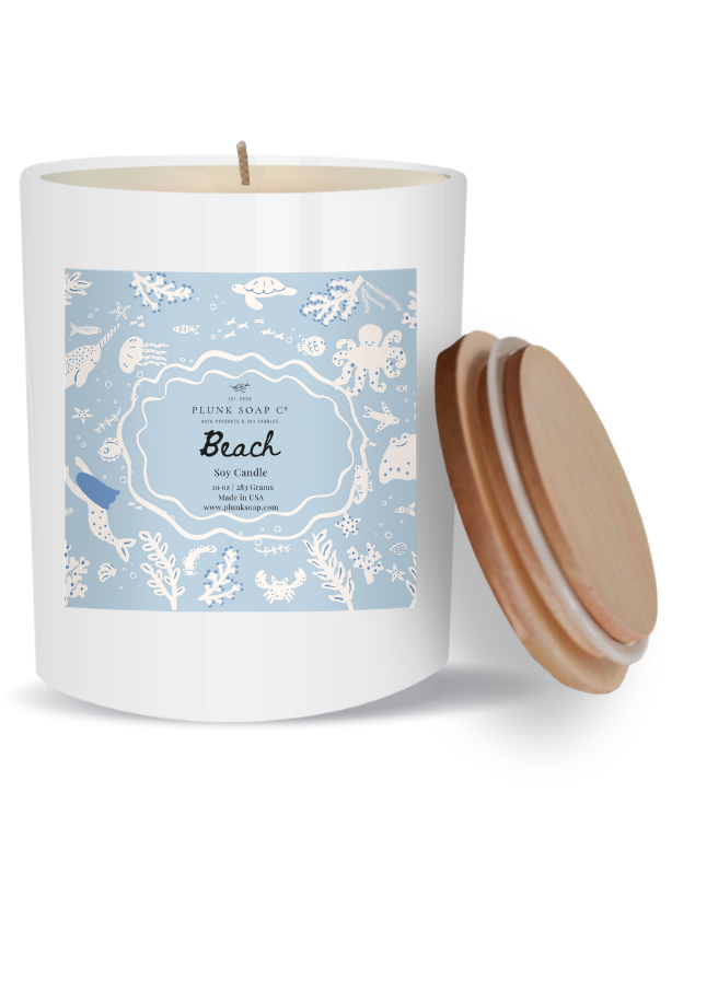 Beach Scented Soy Candle | Fresh & Coastal  Scent |l Home Fragrance | 10 oz White Jar with Bamboo Lid