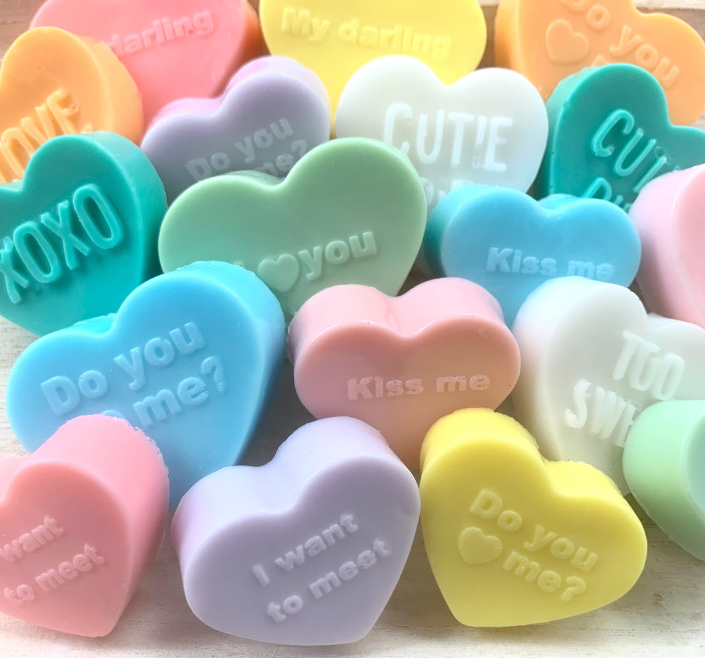 Conversation heart soaps in a jar