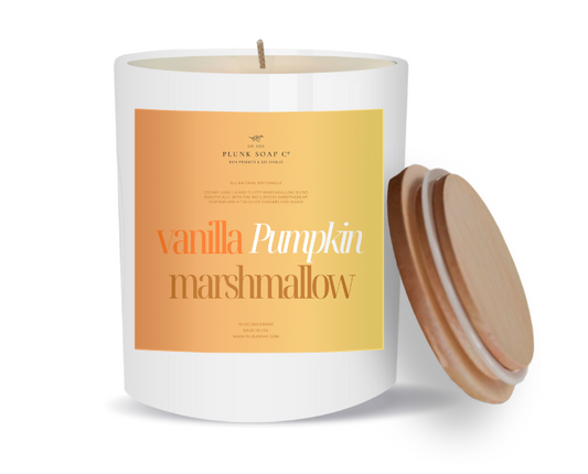 Vanilla Pumpkin Marshmallow Soy Candle | Cozy Fall Home Fragrance 10 oz White Jar with Bamboo Lid