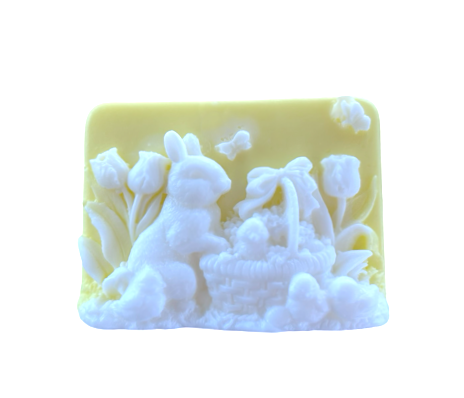 Easter-themed 3D soap bar featuring rabbits and chicks design by Plunk Soap Company, ideal for baskets and party favors.