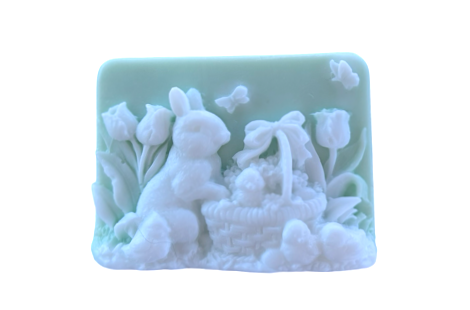 3D soap bar featuring rabbit and chicks design, perfect for Easter baskets and party favors by Plunk Soap Company