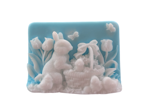 Easter-themed 3D soap bar featuring rabbits and chicks design by Plunk Soap Company, perfect for baskets and party favors.
