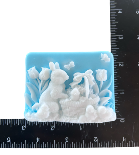 3D rabbit and chicks design Easter soap bar by Plunk Soap Company, featuring festive spring details and colorful Easter theme.