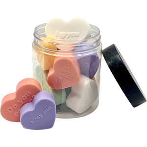Conversation heart soaps in a jar